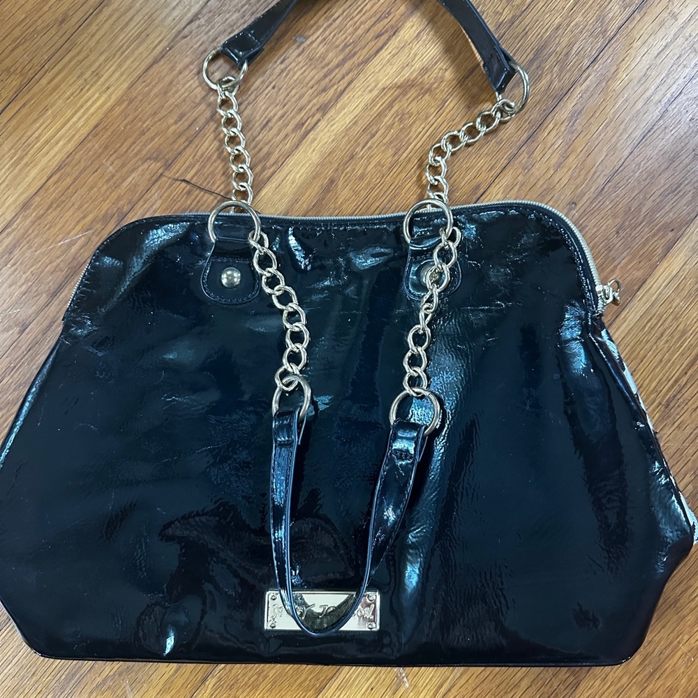 Betsy Johnson Black Patent Leather/Houndstooth Bowling Ball Style Handbag